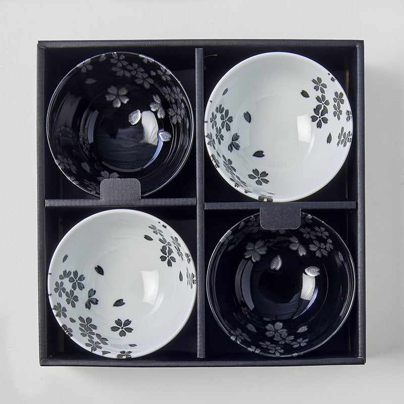 Bowl Set 4pcs Black White Sakura Design - Image 1