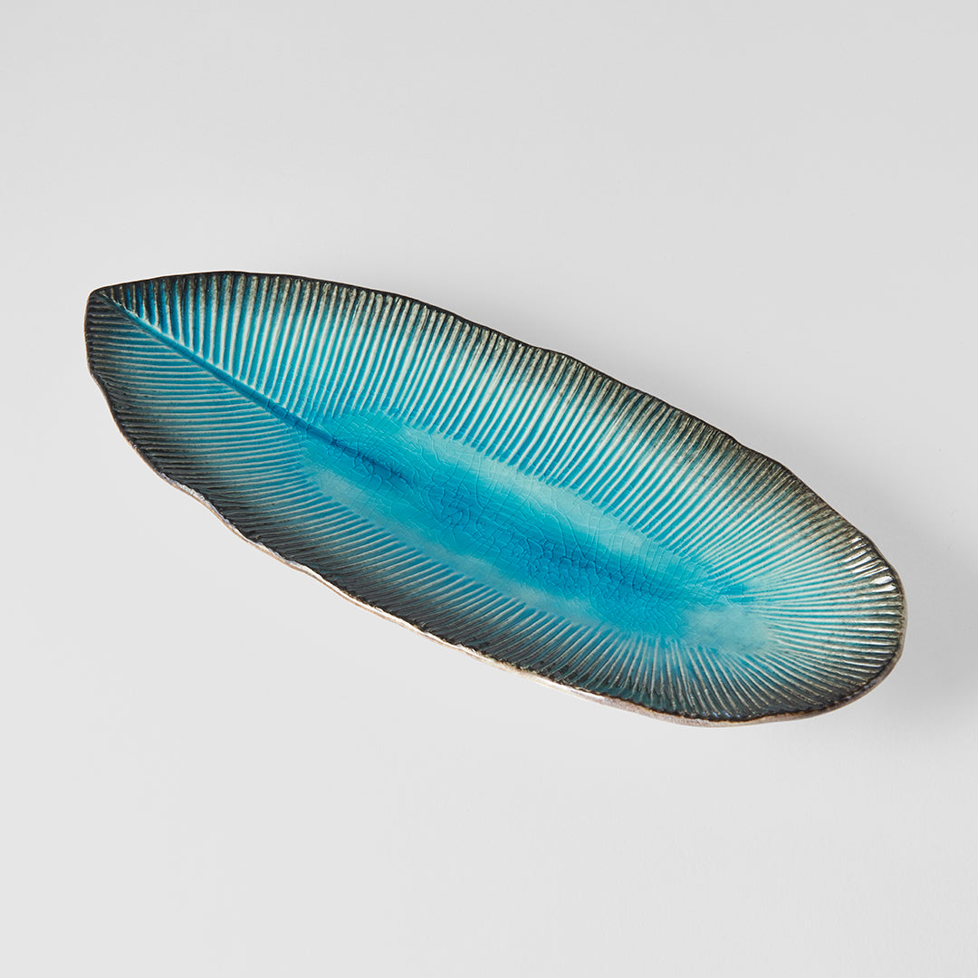 Plate Leaf Shape 32.5x13.5cm Sky Blue Glaze - Image 1