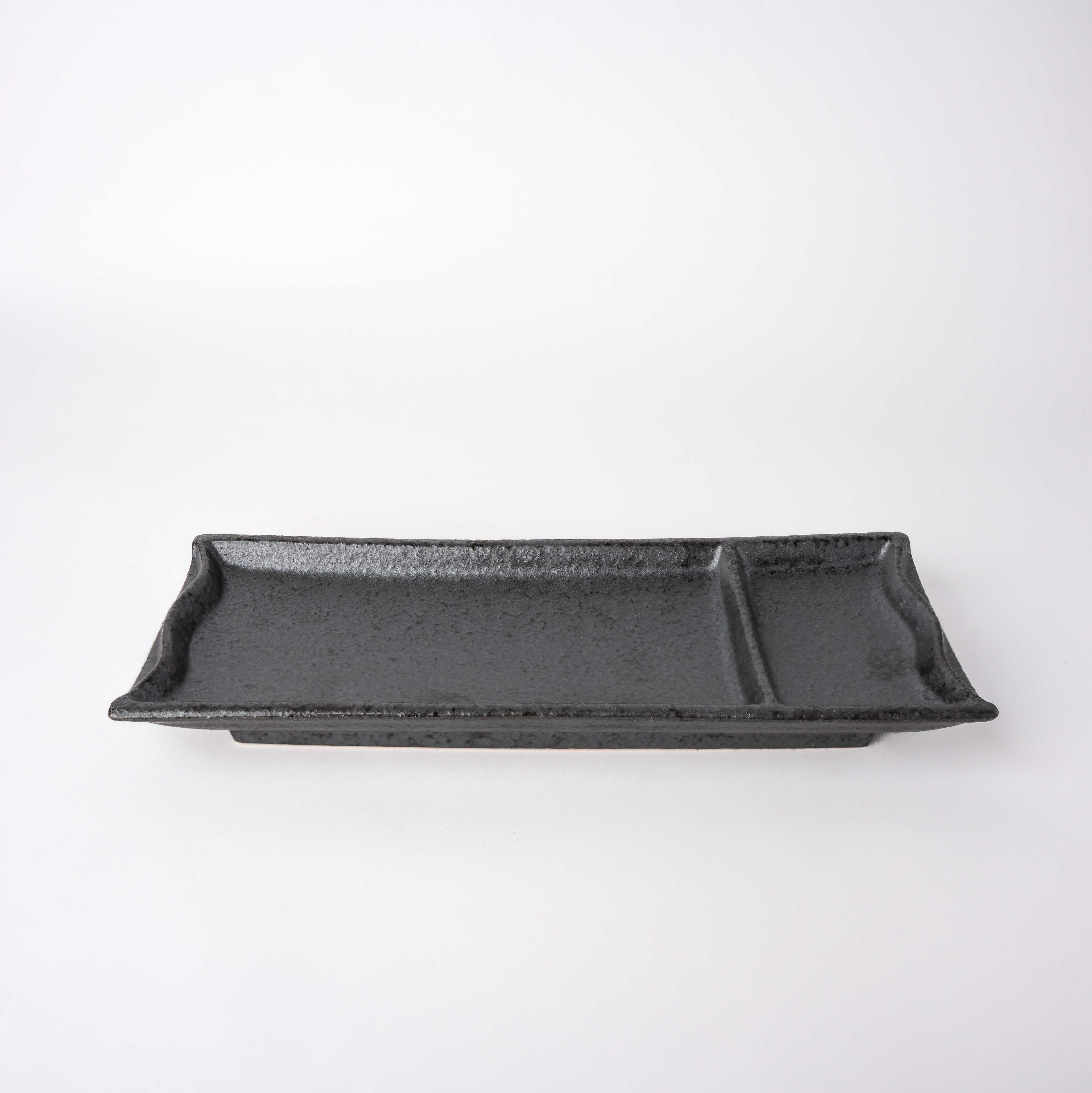 Sashimi Plate Inbuilt Sauce Dish 25cm Black Bamboo Glaze - Image 1