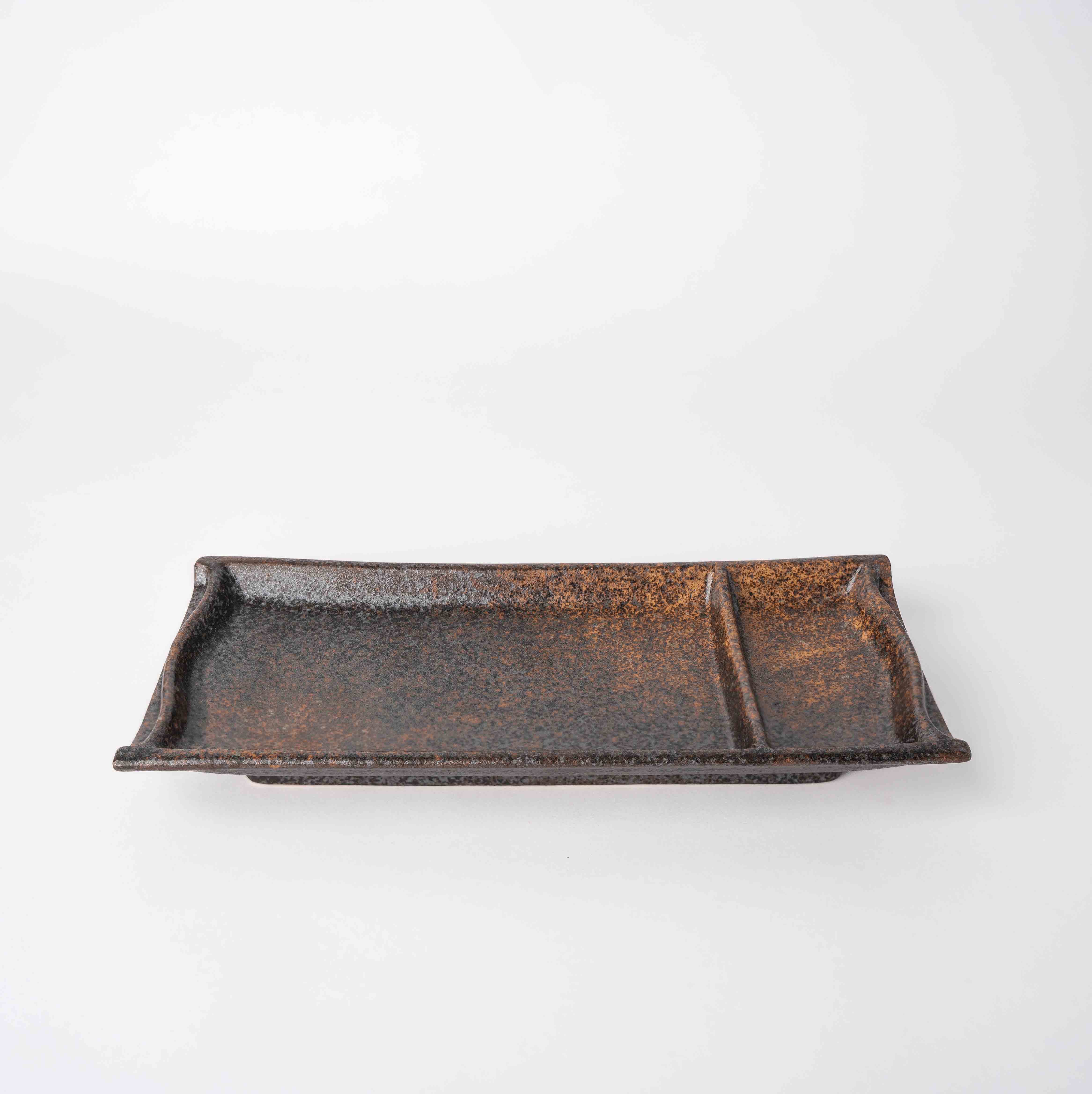 Sushi Plate Inbuilt Sauce Dish 21cm Mottled Earth Glaze - Image 1