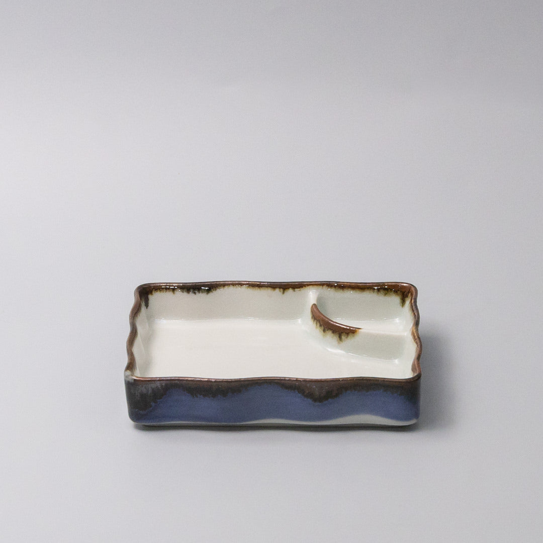 Sushi Plate Inbuilt Sauce Dish 15cm Tenmokku Edge Design - Image 1