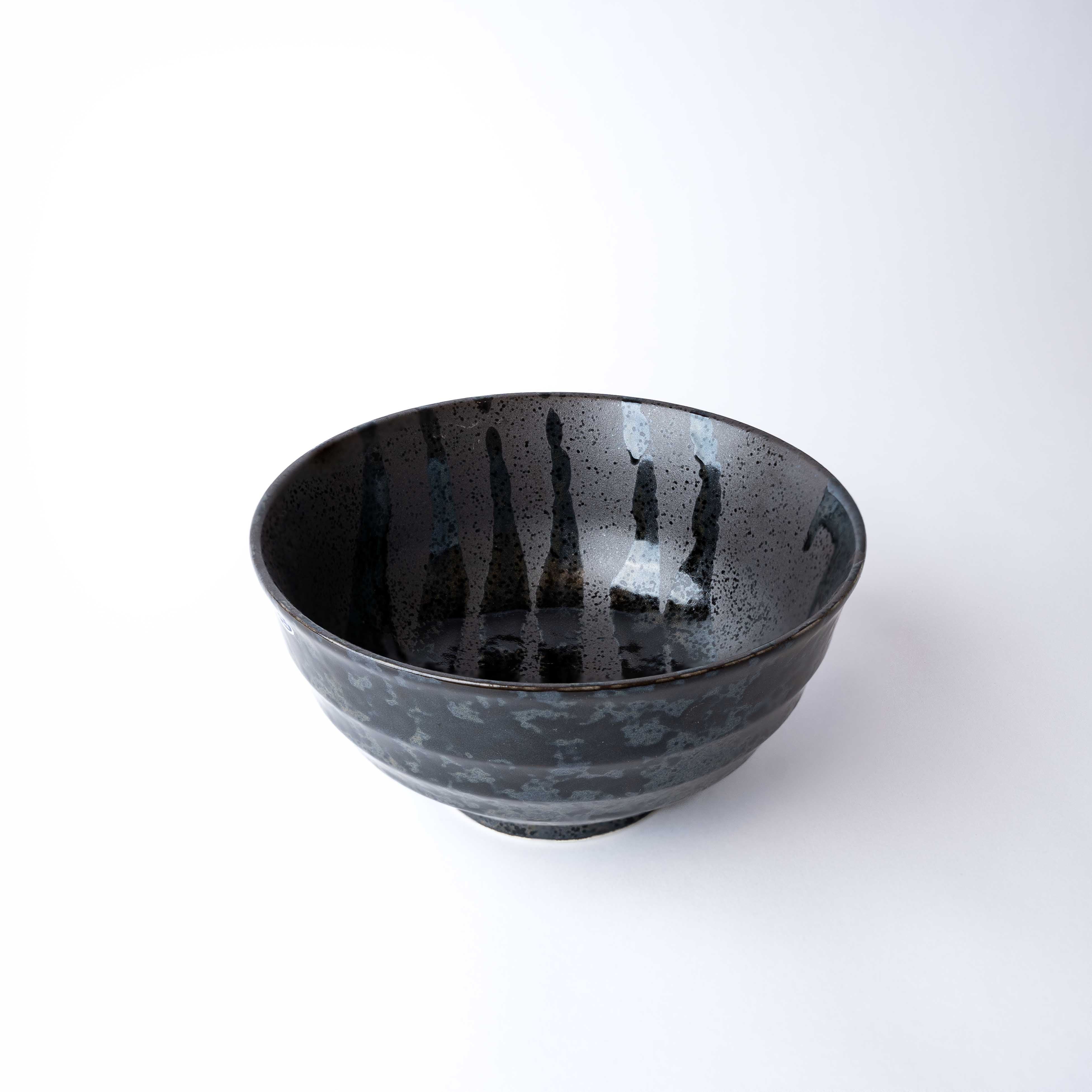 Udon Bowl Fluted 17cm Gloss Black Stripes On Gunmetal Glaze - Image 1
