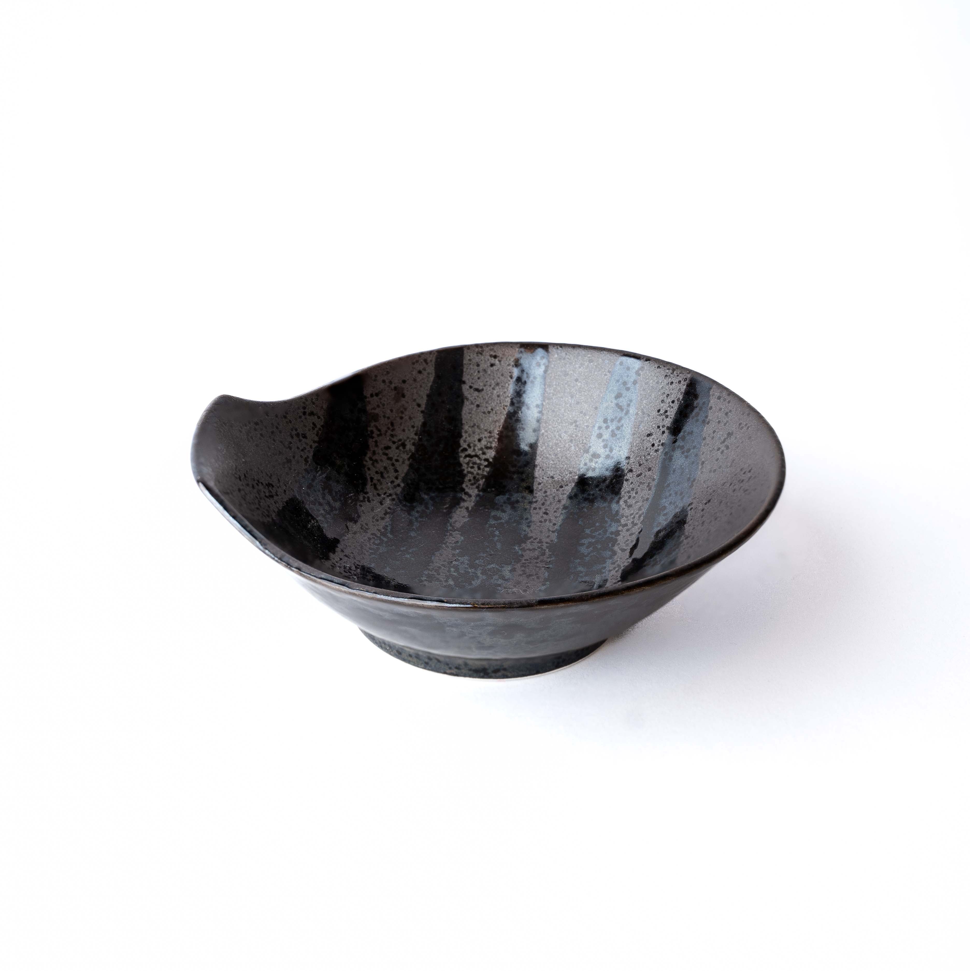 Bowl with Handle 13cm Black Stripes On Gunmetal Glaze - Image 1
