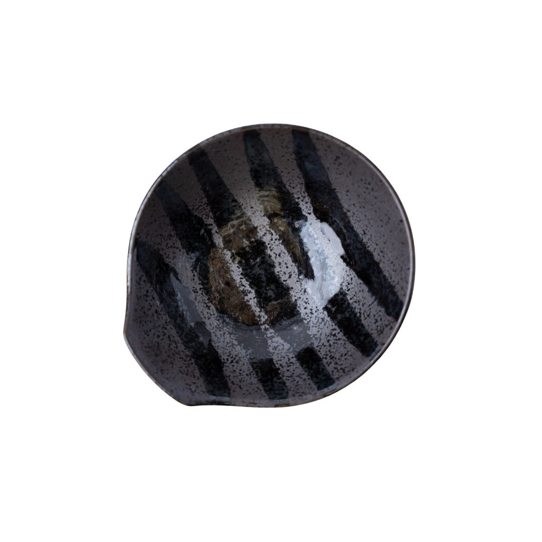 Bowl with Handle 13cm Black Stripes On Gunmetal Glaze - Image 3