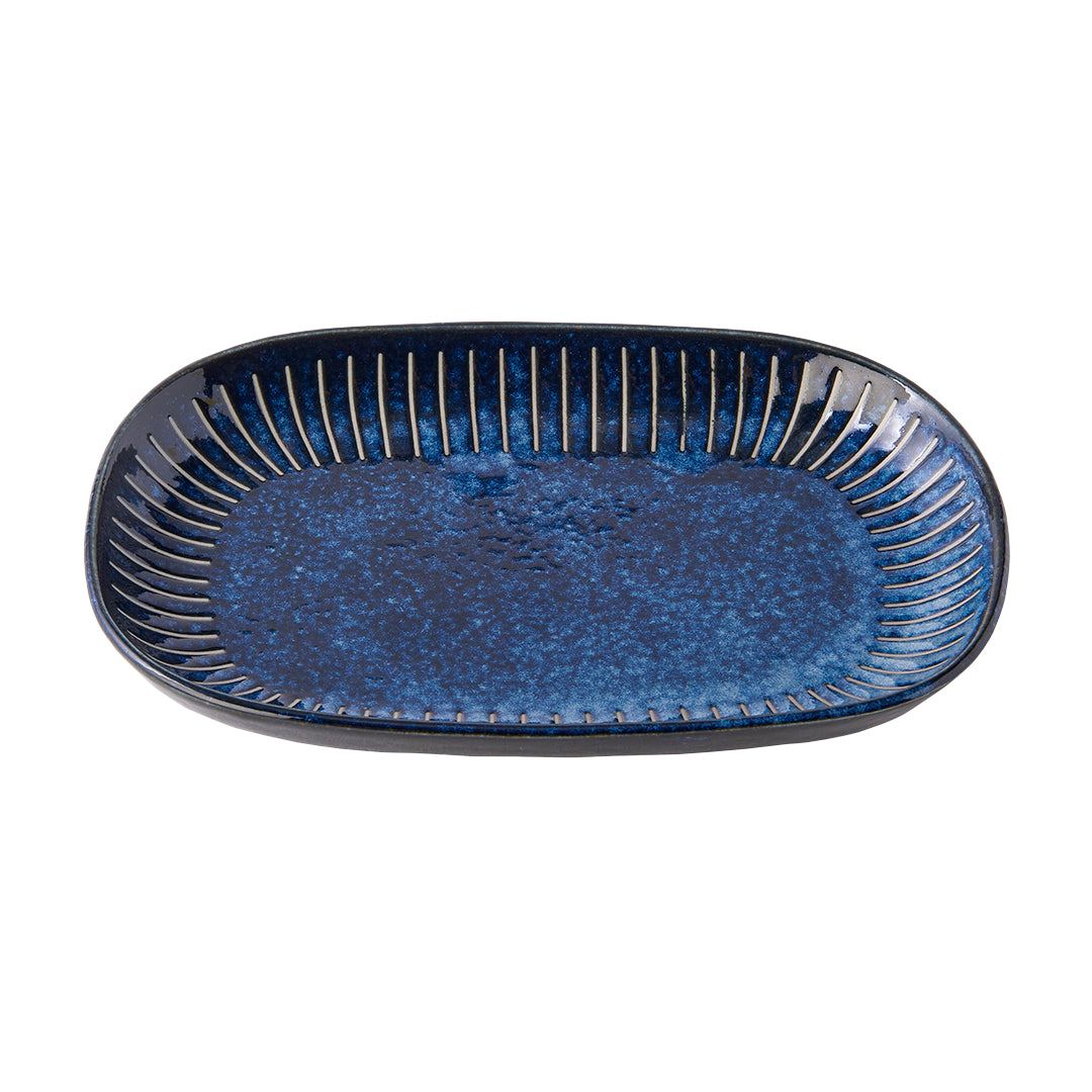 Plate Oval 19cm Ridged Indigo Glaze - Image 1