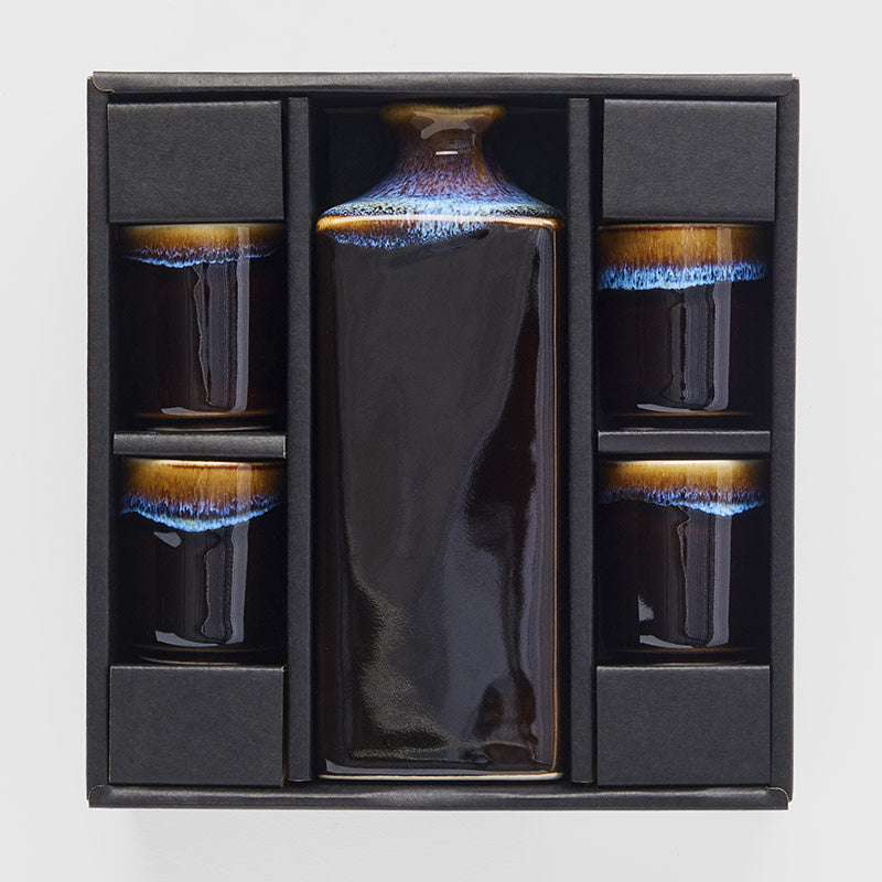 Sake Set 5pcs Tenmokku With Bright Blue Glaze - Image 1