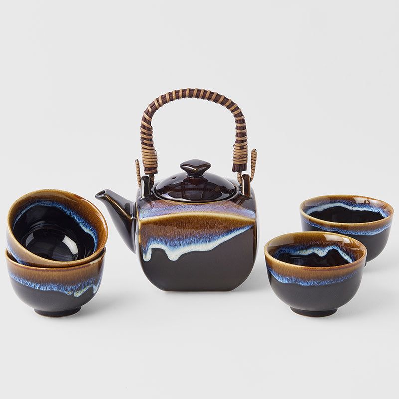 Tea Set 5pcs Tenmokku Bright Blue Glaze - Image 1