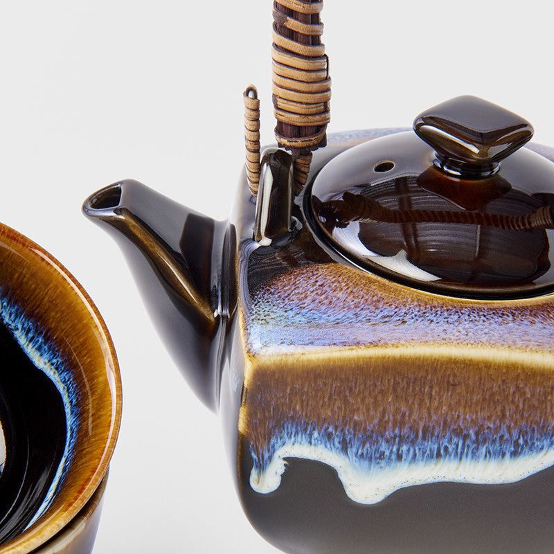 Tea Set 5pcs Tenmokku Bright Blue Glaze - Image 4