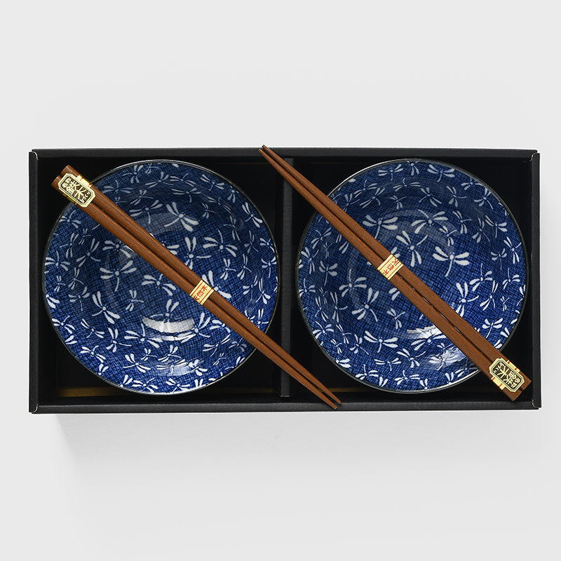 Bowl Set 2pcs with Chopsticks Indigo Dragonfly Design - Image 1