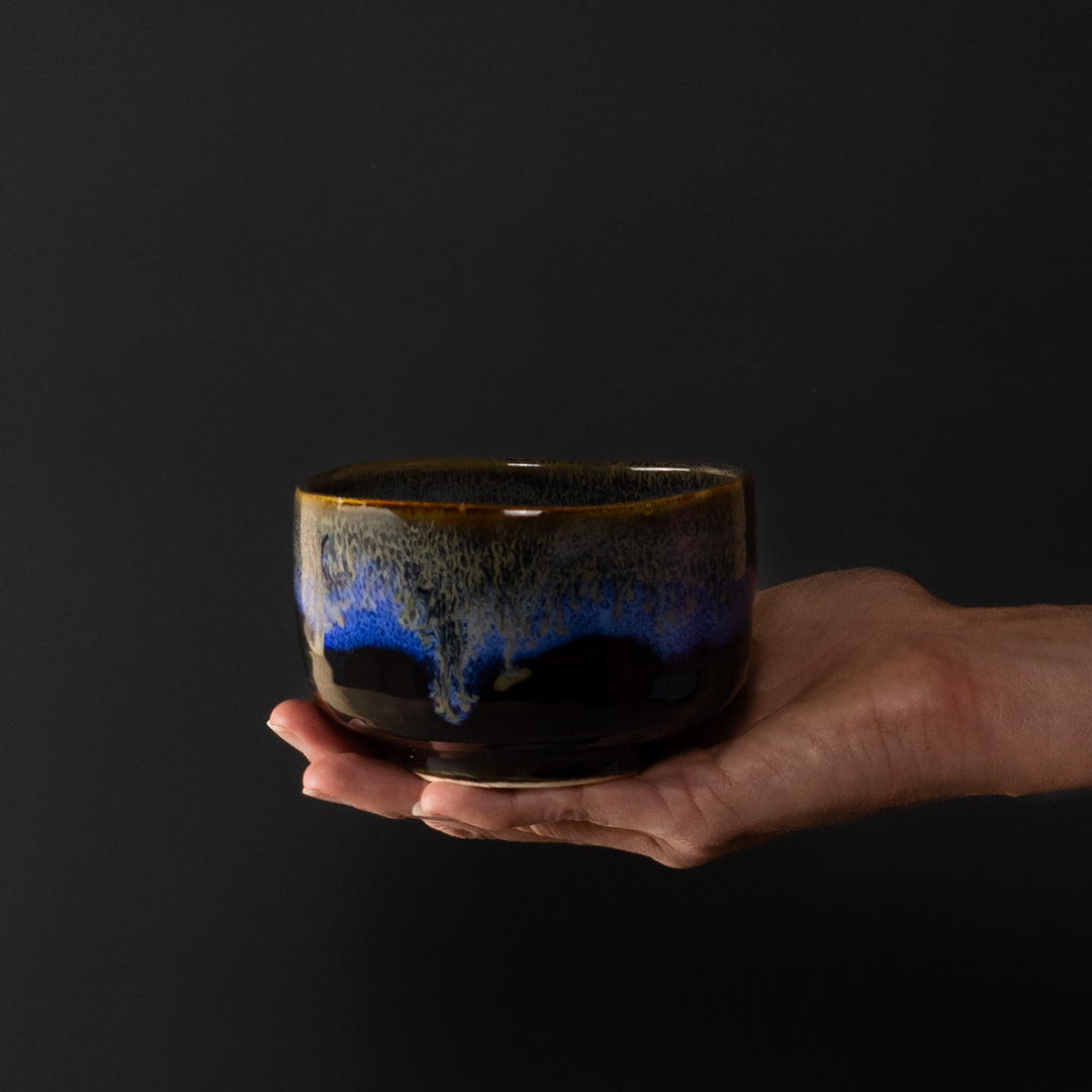 Matcha Tea Bowl 11.5cm Blue Drip on Black - Image 1