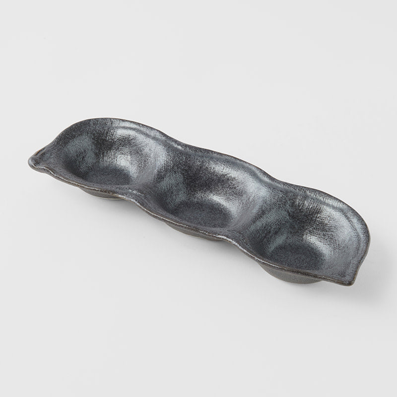 Edamame Triple Pod Dish 200ml Black Glaze - Image 1