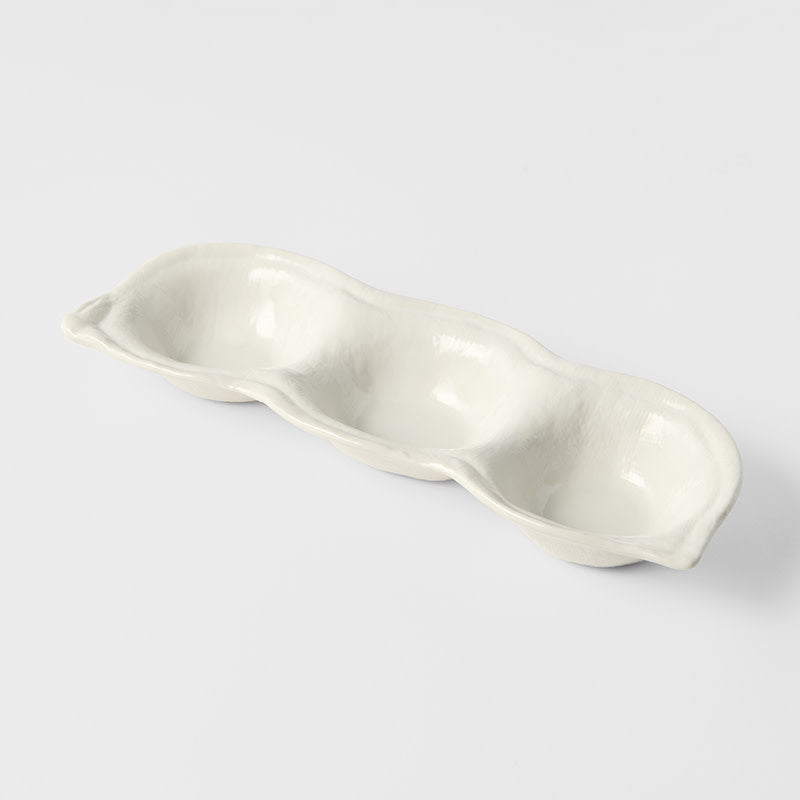 Edamame Triple Pod Dish 200ml Matte White Glaze - Image 1