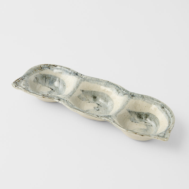 Edamame Triple Pod Dish 200ml Blue White Glaze - Image 1