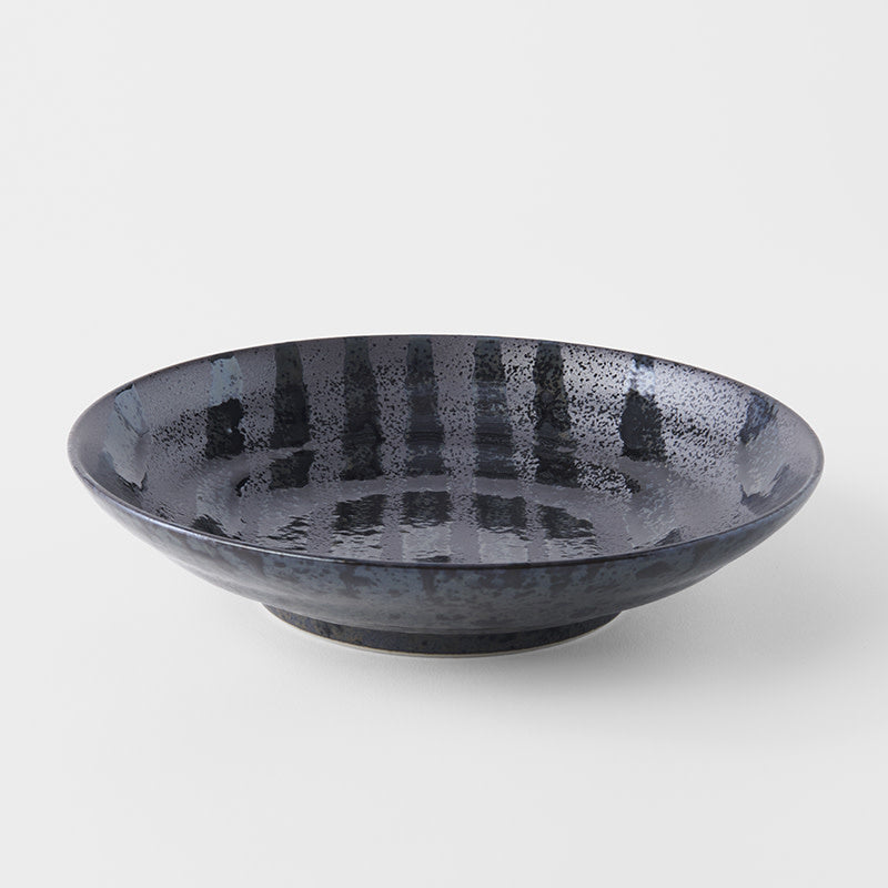 Pasta Bowl Flat 23cm Gloss Black Stripes On Gunmetal Black Glaze - Image 1
