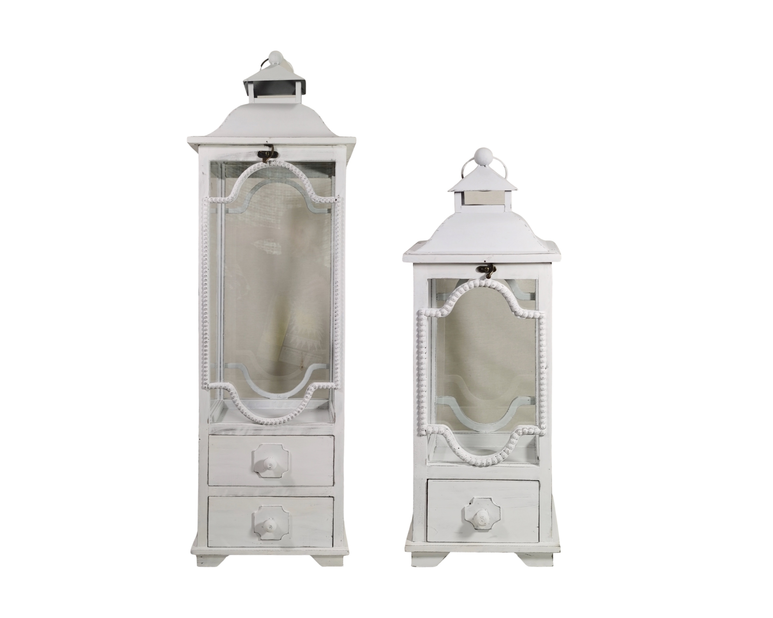 Set 2 Tall White Wooden Lantern w Drawers 104cm - Image 1