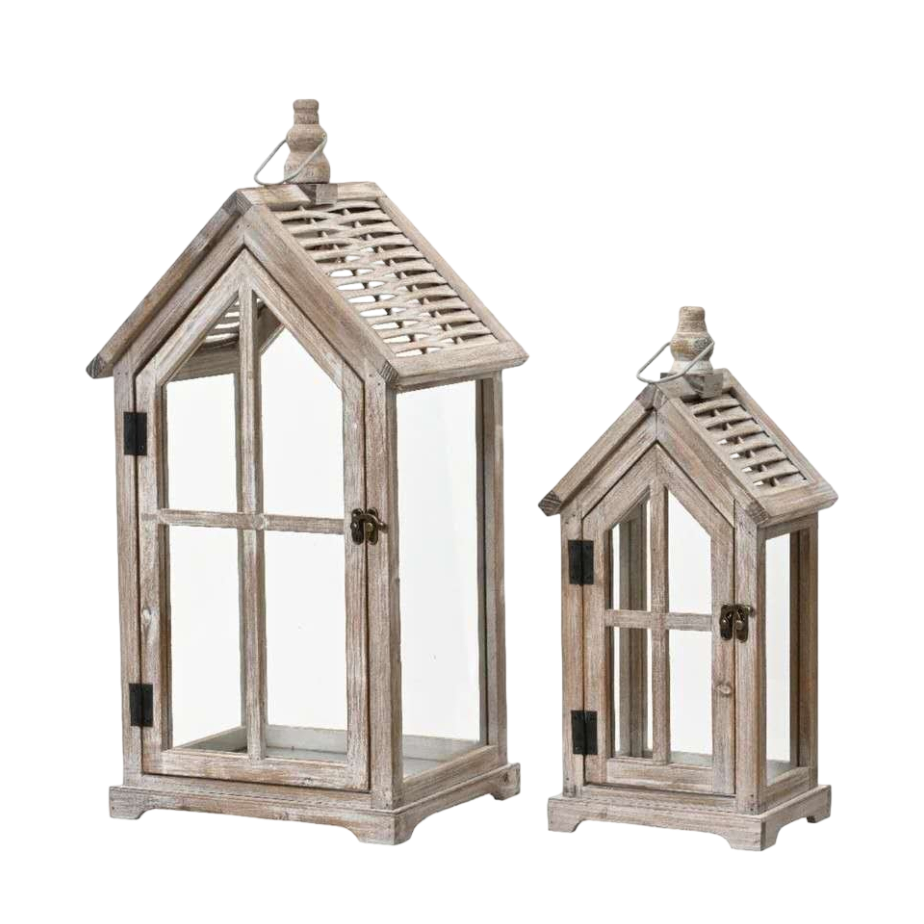 Set 2 Wooden House Lanterns 60cm - Image 1