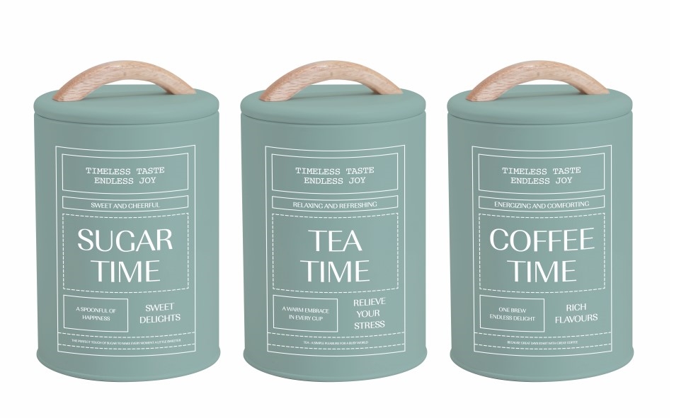 Set 3 Sage Green Metal Coffee Tea Sugar Storage Tins 11x19cm - Image 1
