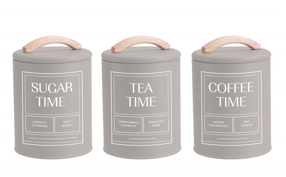 Set 3 Almond Cream Metal Coffee Tea Sugar Storage Tins 11x15cm - Image 1