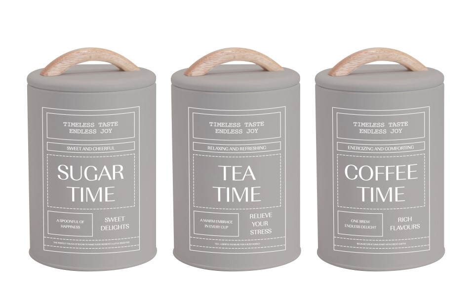 Set 3 Almond Cream Metal Coffee Tea Sugar Storage Tins 11x19cm - Image 1