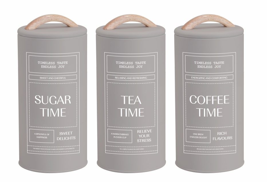 Set 3 Almond Cream Metal Coffee Tea Sugar Storage Tins 11x19cm - Image 1