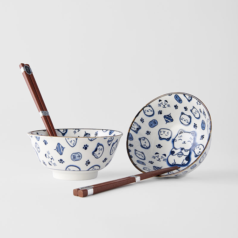 Bowl Set 2pcs with Chopsticks Maneki Cat Blue Design - Image 1