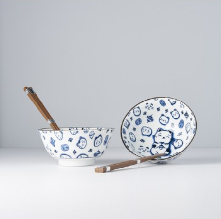 Bowl Set 2pcs with Chopsticks Maneki Cat Blue Design - Image 3