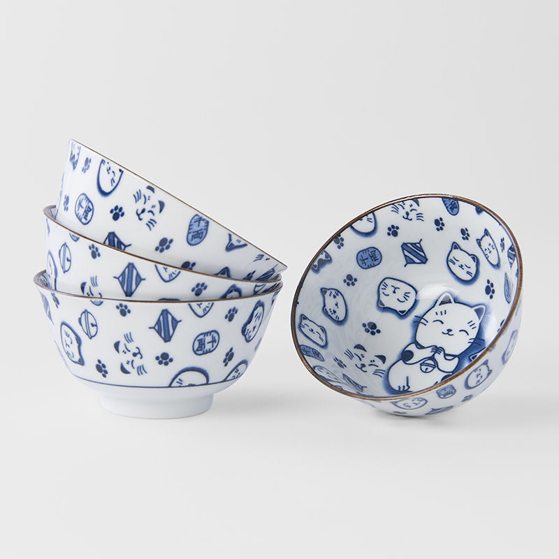 Bowl Set 4pcs Maneki Cat Blue Design - Image 1