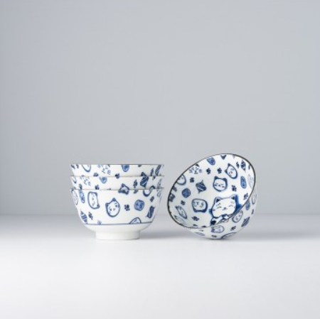 Bowl Set 4pcs Maneki Cat Blue Design - Image 4