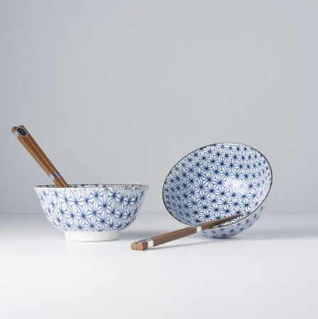 Bowl Set 2pcs with Chopsticks Starburst Blue Design - Image 1