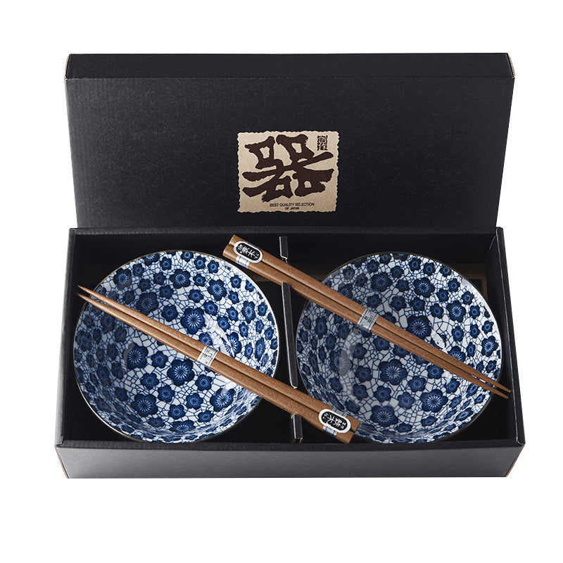 Bowl Set 2pcs with Chopsticks Blue Plum Design - Image 1