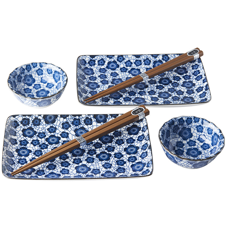 Sushi Set for Two with Chopsticks Black Blue Plum Design - Image 1