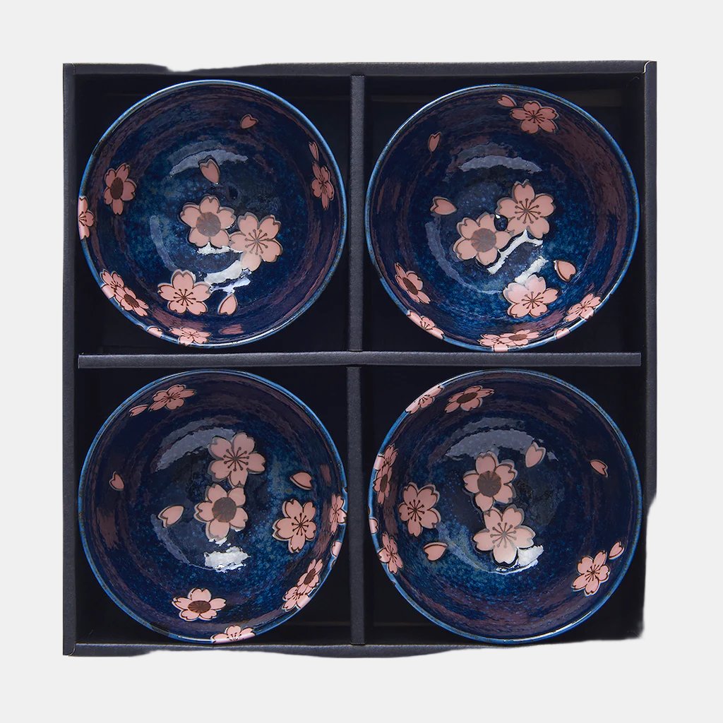 Bowl Set 4pcs Navy Pink Sakura Design - Image 1