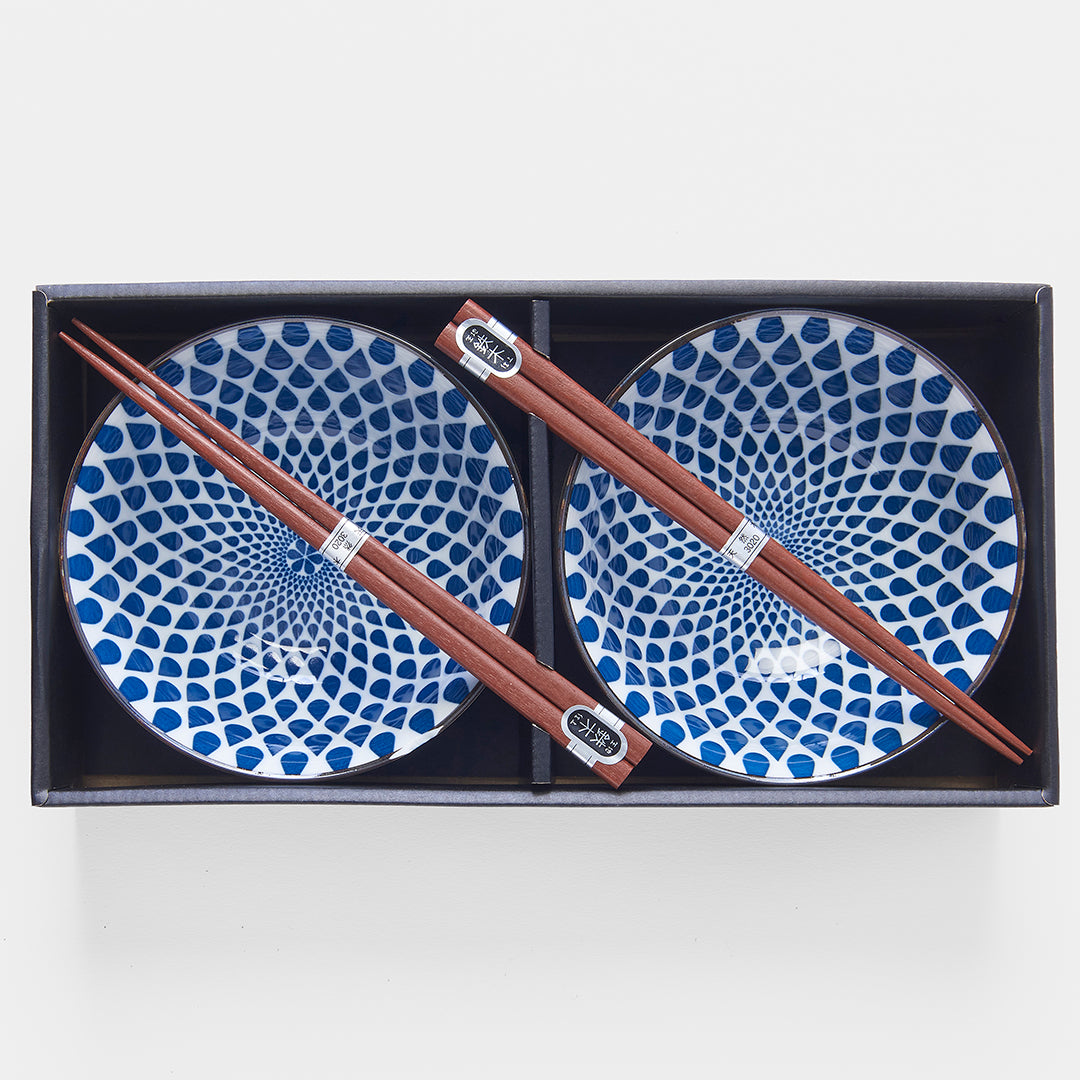 Bowl Set 2pcs with Chopsticks White Blue Teardrops Design - Image 1
