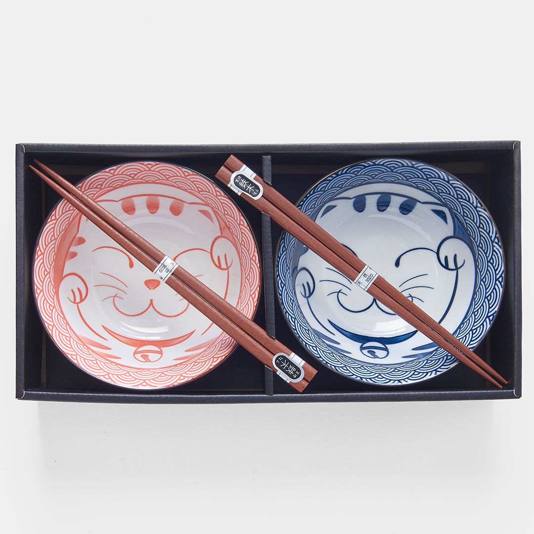 Bowl Set 2pcs with Chopsticks Red & Blue Cat Maneki Wave Design - Image 1