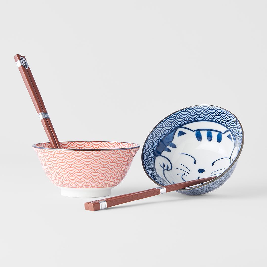 Bowl Set 2pcs with Chopsticks Red & Blue Cat Maneki Wave Design - Image 3