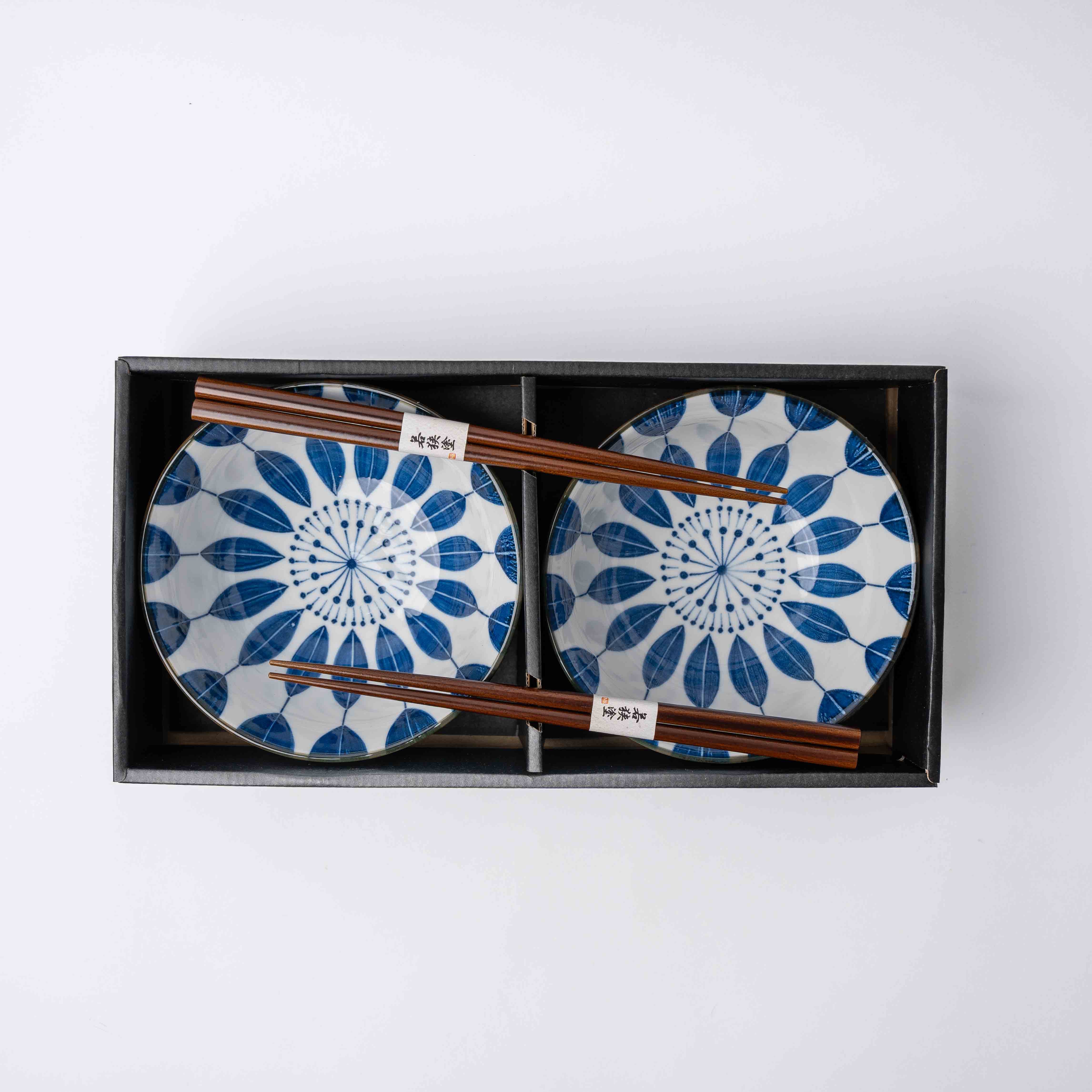 Bowl Set 2pcs with Chopsticks Indigo Sunflower Design - Image 1