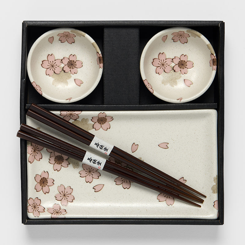 Sushi Set for Two with Chopsticks White With Pink Sakura Design - Image 1