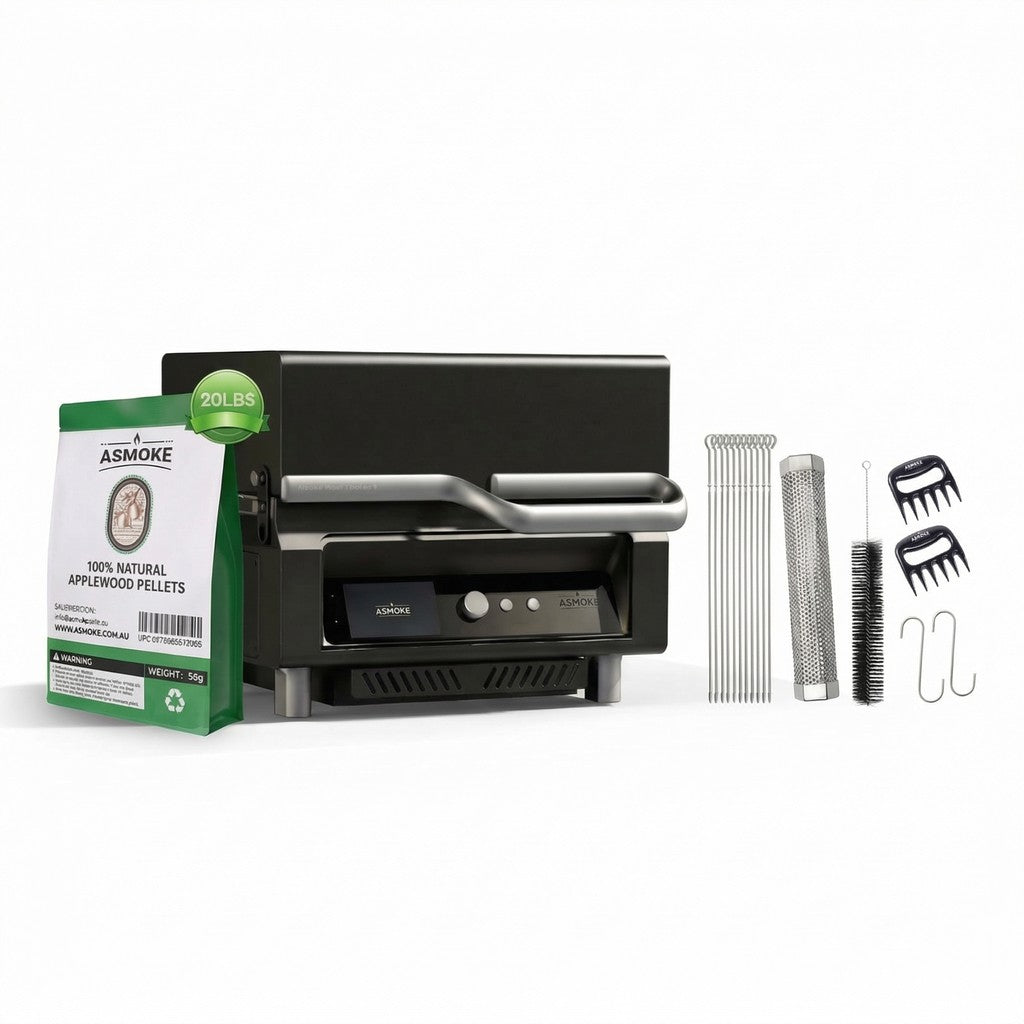 ASMOKE Essential Smart Portable Wood Pellet Grill & Pitmaster Accessory Bundle - Includes 10x Skewers, Heavy-Duty Meat Claws, Smoke Tube & 20lb Applewood Pellets - Image 1