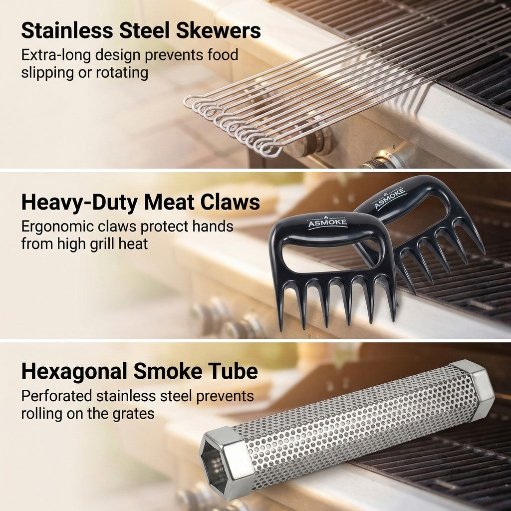 ASMOKE Essential Smart Portable Wood Pellet Grill & Pitmaster Accessory Bundle - Includes 10x Skewers, Heavy-Duty Meat Claws, Smoke Tube & 20lb Applewood Pellets - Image 4