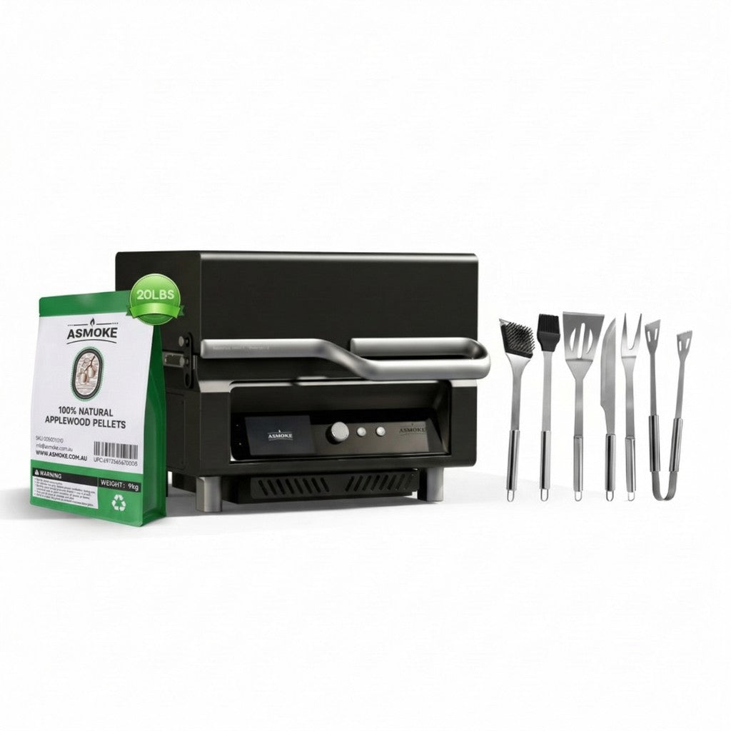 ASMOKE Essential Portable Smart Wood Pellet Grill Smoker & 6pc BBQ Tool Set + 20lb Applewood Pellets Bundle - Image 1