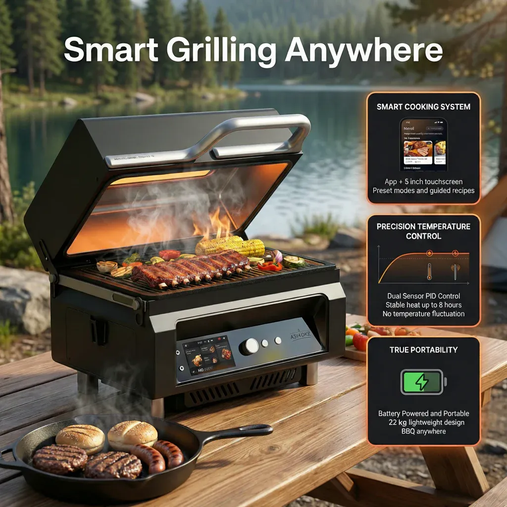 ASMOKE Essential Portable Wireless Pellet Smoker - Battery Powered 8-in-1 Mini BBQ Grill with Smart Temp Control & Meat Probe for Camping & RV - Image 5