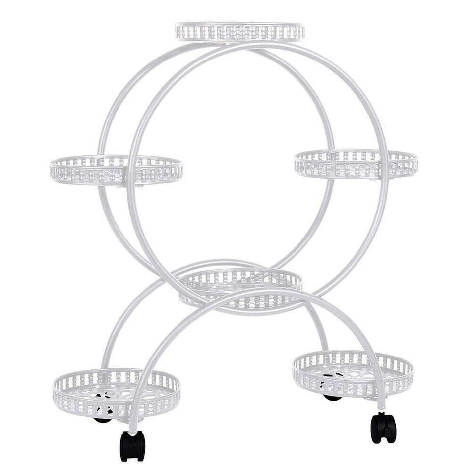 Fin White Metal Plant Stand 6-Potted Flower Pot Holder W Wheels 4 Tier Display Shelf - Image 1