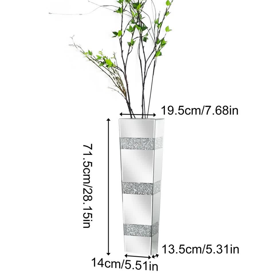 P&P Silver Crushed Diamond Flower Vase with Mirrored Glass for Elegant Home Decoration - Image 5