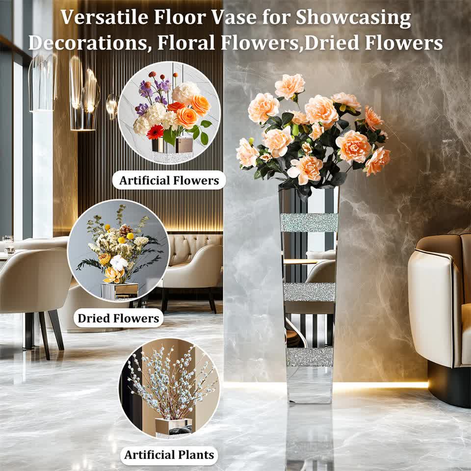 P&P Silver Crushed Diamond Flower Vase with Mirrored Glass for Elegant Home Decoration - Image 7