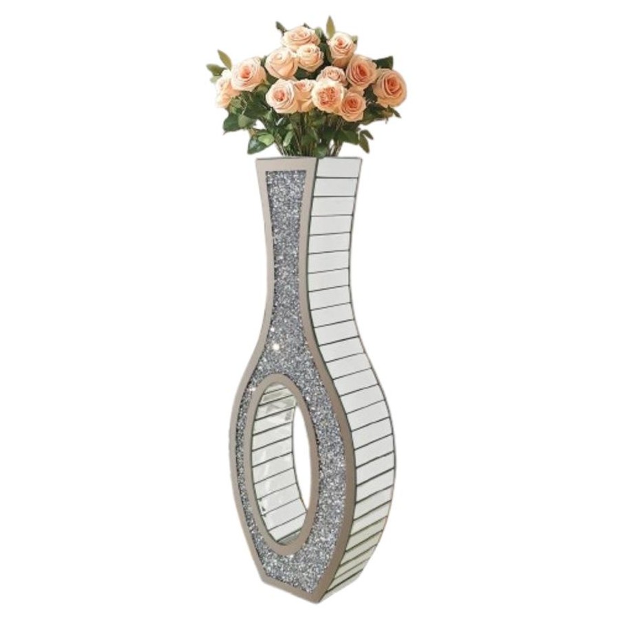 30-Inch Tall Double Sided Crushed Diamond Floor Vase Large Mirrored Silver Crystal Décor - Image 1