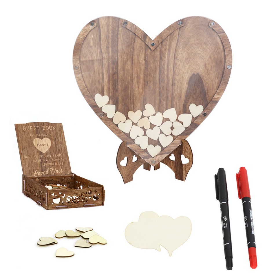 Wedding Guest Book Alternative with Stand+Storage Box+88PCS Wooden Hearts+Pens - Image 1