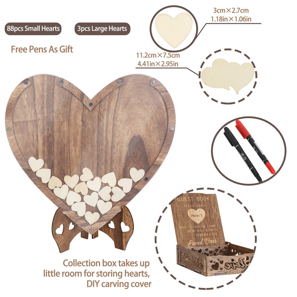 Wedding Guest Book Alternative with Stand+Storage Box+88PCS Wooden Hearts+Pens - Image 6
