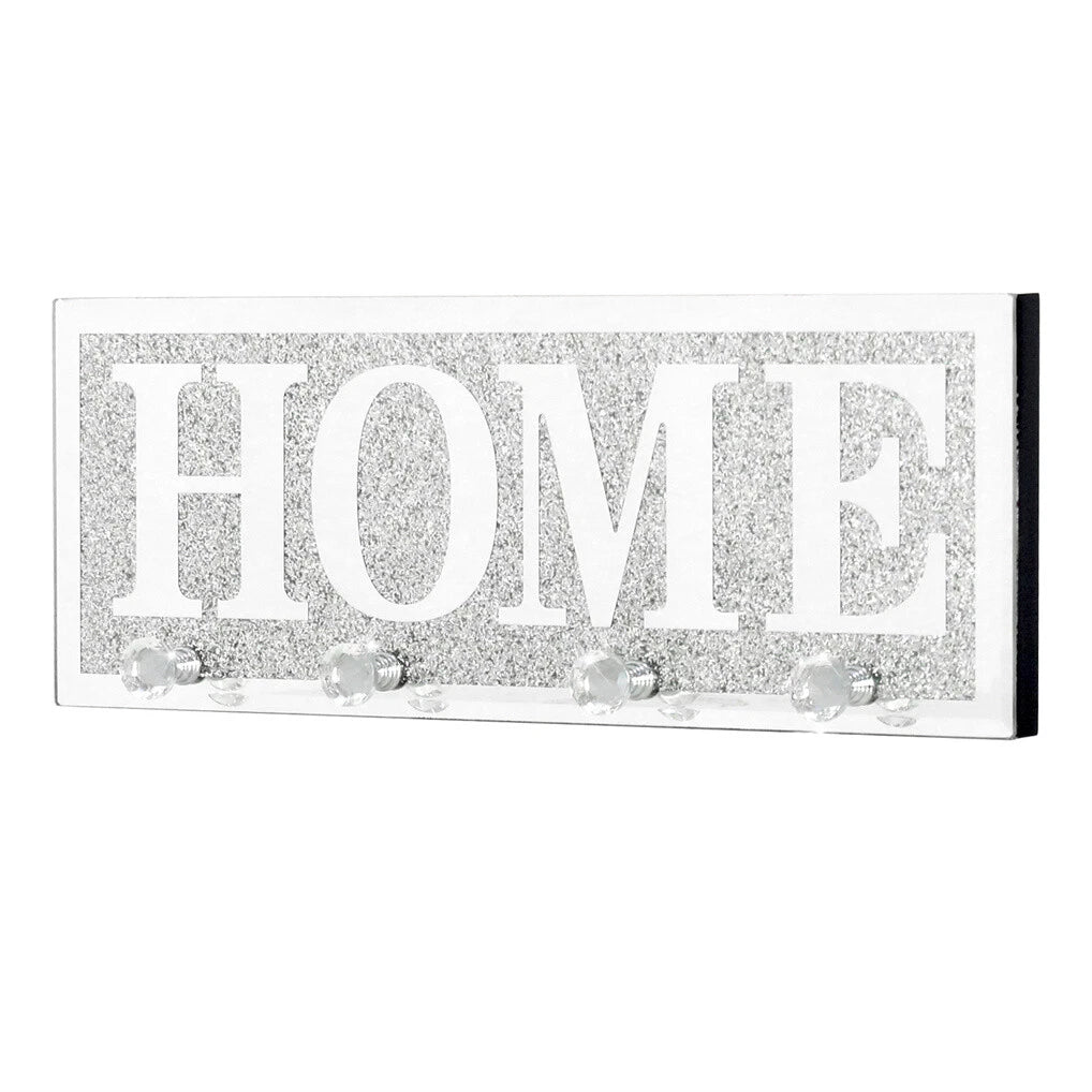 Crushed Diamond Mirrored Wall Mounted Key Hooks Storage Holder HOME Letter Sign Home Decor - Image 1