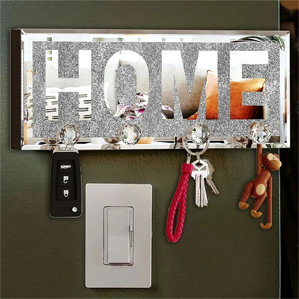 Crushed Diamond Mirrored Wall Mounted Key Hooks Storage Holder HOME Letter Sign Home Decor - Image 2