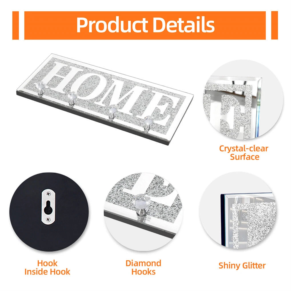 Crushed Diamond Mirrored Wall Mounted Key Hooks Storage Holder HOME Letter Sign Home Decor - Image 3
